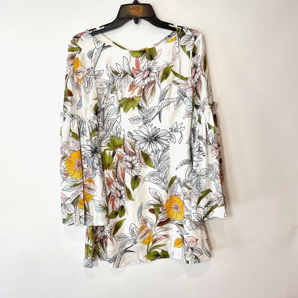 AVANTLOOK Mini Floral‎ Dress Womens Size S White Bell Sleeves V-Back Zip NEW